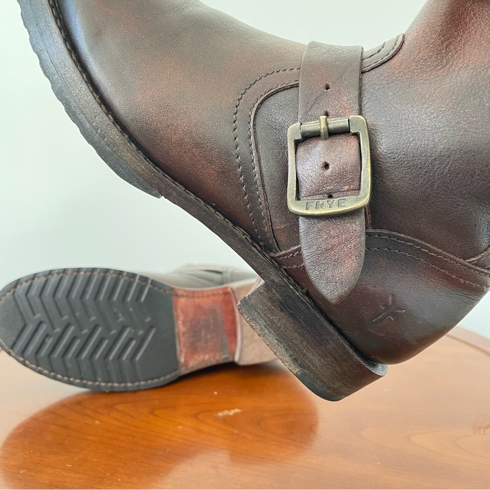 Frye Brown Leather Moto Buckle Boots